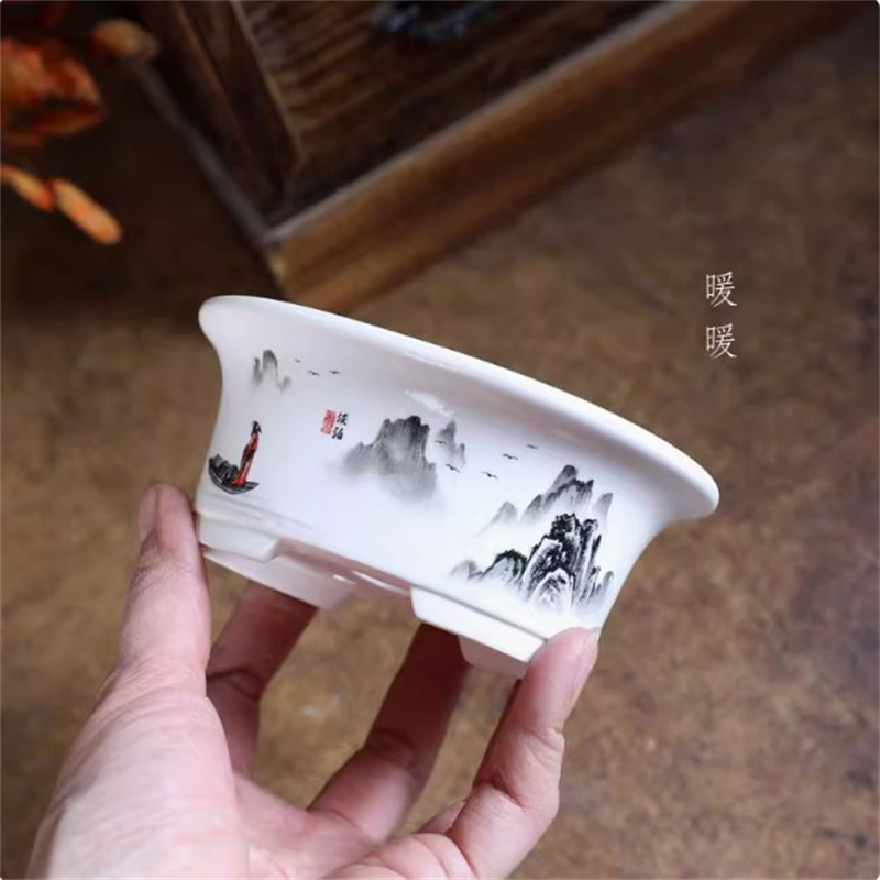 Bonsai Garden Table - Porcelanowa biała owalna doniczka Bonsai, mini